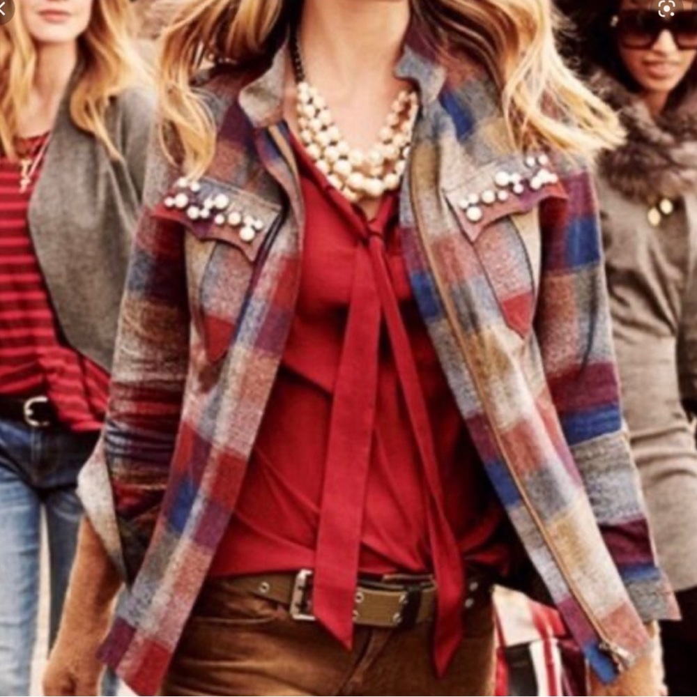 Cabi Plaid Zip Jacket Collar Shirt Pearl Accents Pockets Multicolor
